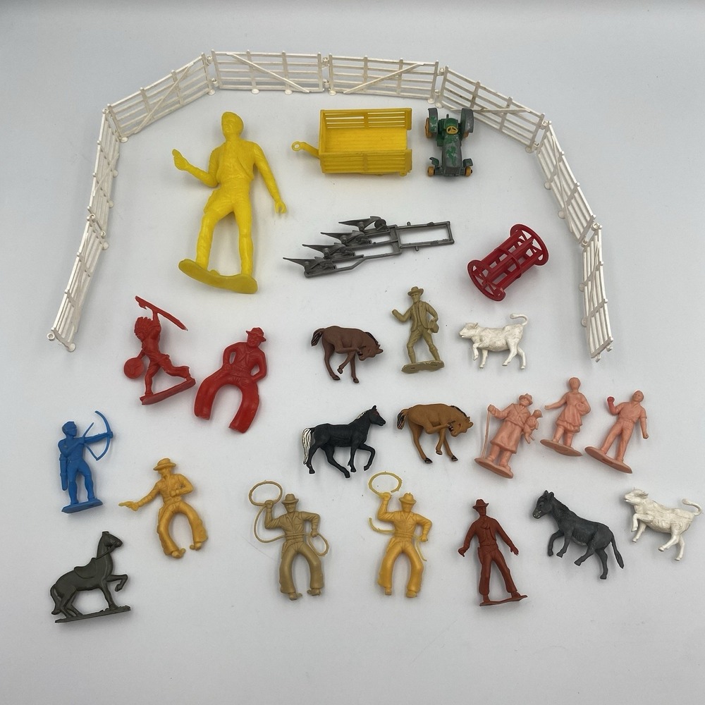 Vintage Plastic Farm Animals Cowboys Indians Fence Lesney Matchbox Tractor Lot